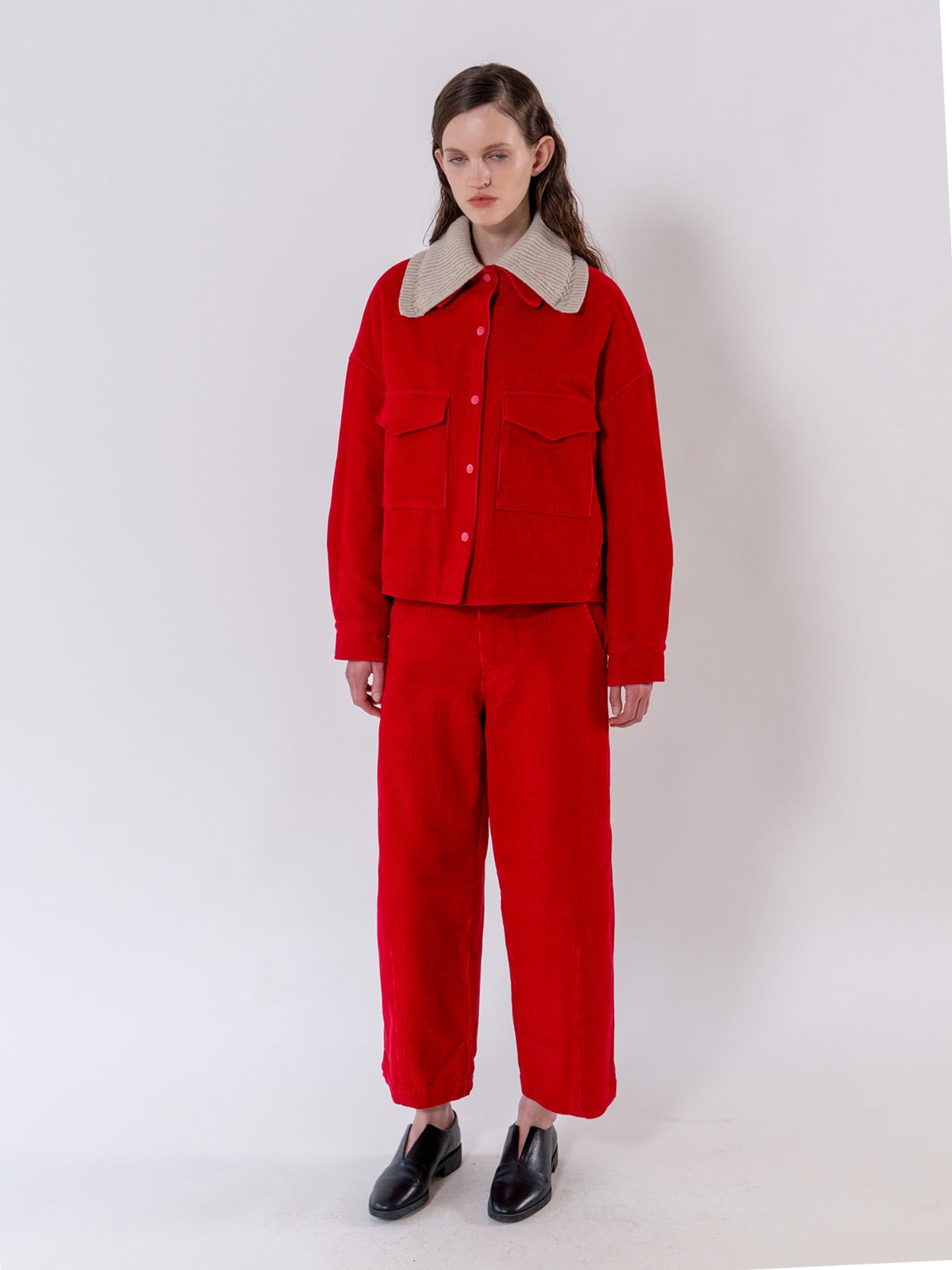 Red Detachable Knit-Collar Corduroy Jacket