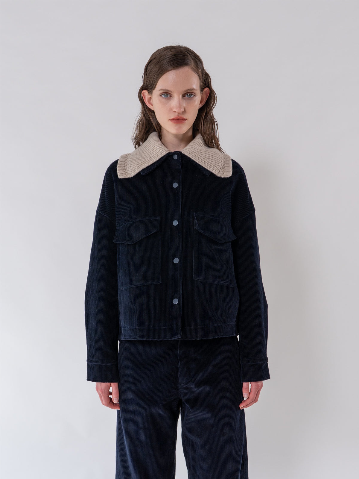 Navy Detachable Knit-Collar Corduroy Jacket