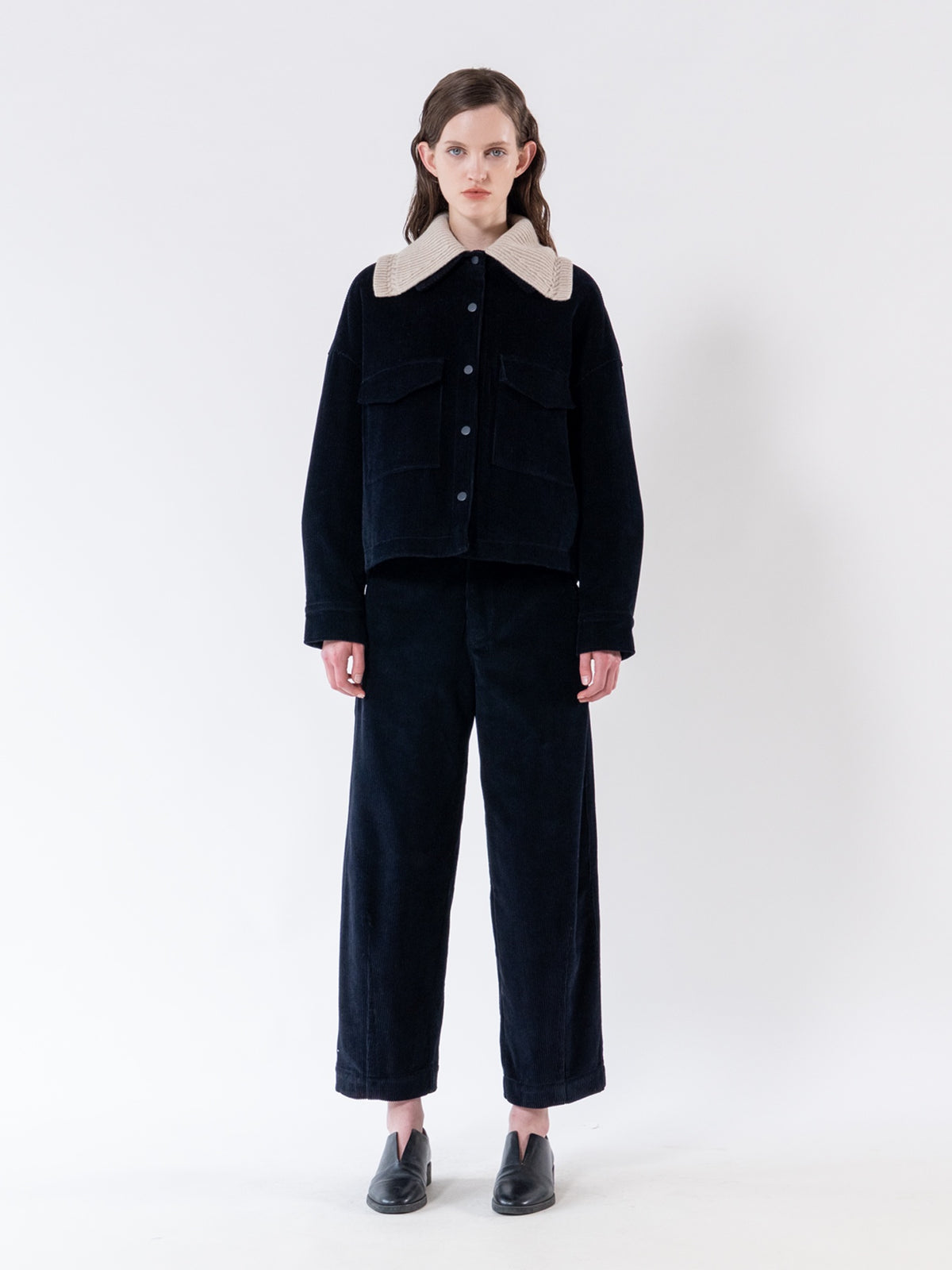 Navy Structured Corduroy Trousers