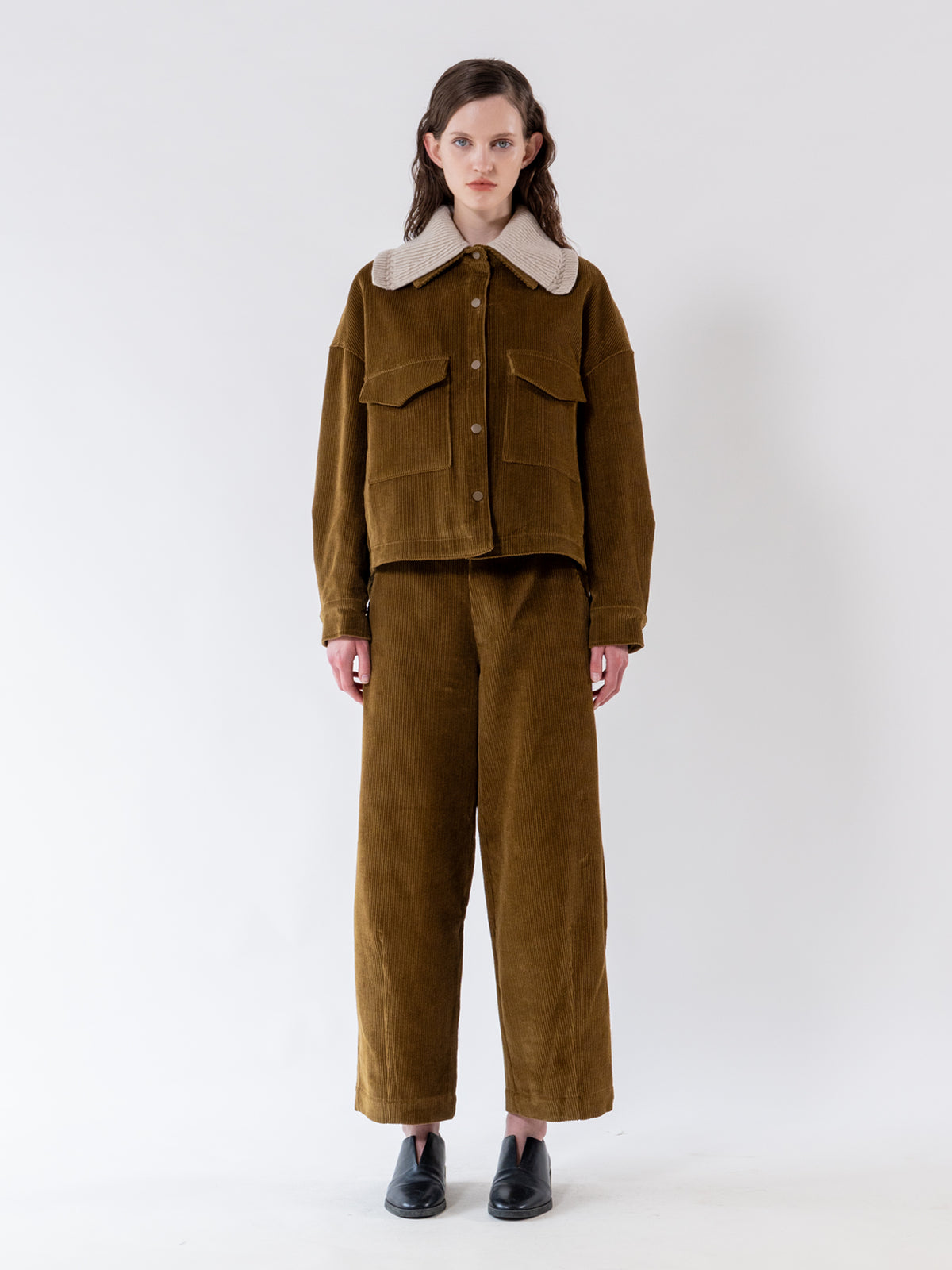 Olive Detachable Knit-Collar Corduroy Jacket