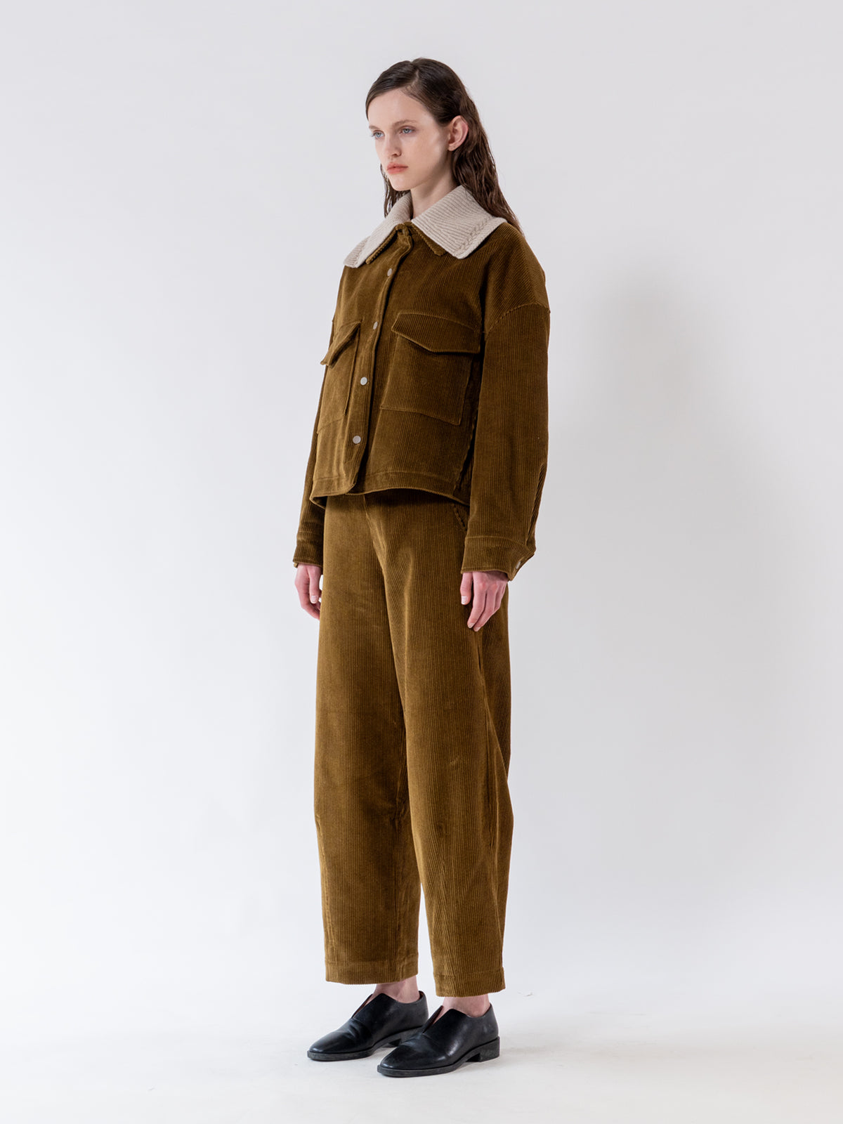 Olive Detachable Knit-Collar Corduroy Jacket