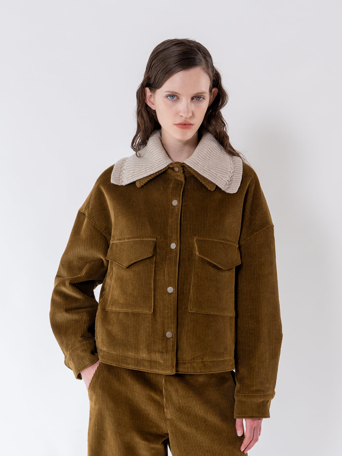 Olive Detachable Knit-Collar Corduroy Jacket