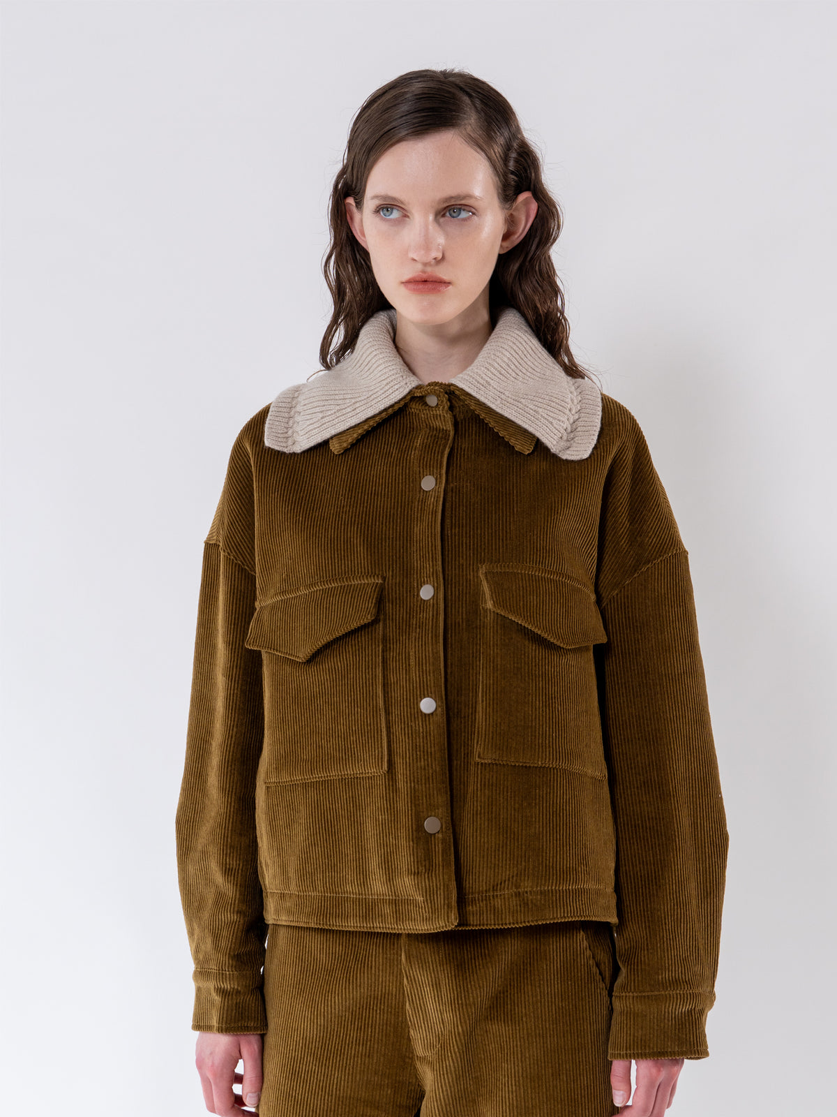 Olive Detachable Knit-Collar Corduroy Jacket