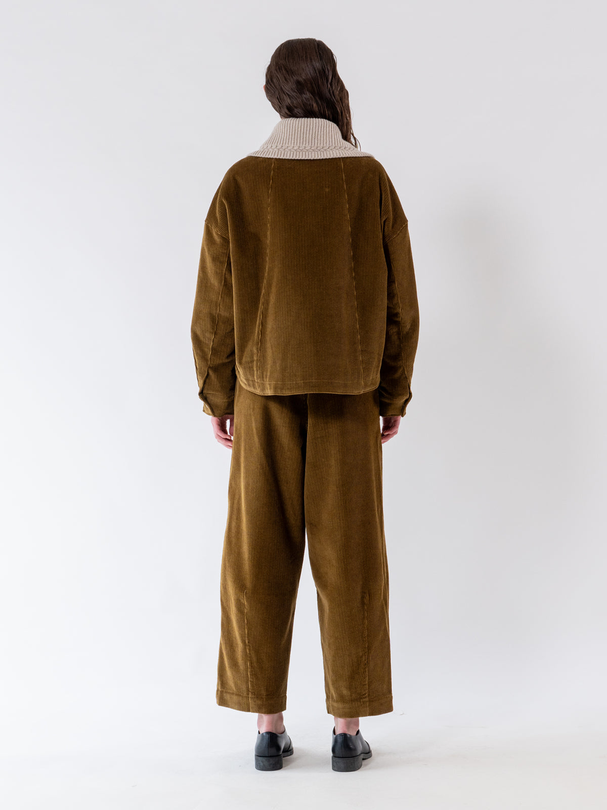 Olive Detachable Knit-Collar Corduroy Jacket