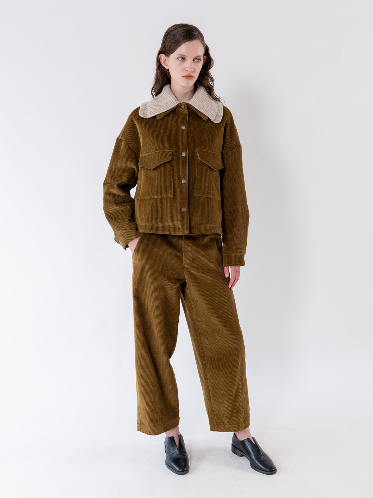 Olive Detachable Knit-Collar Corduroy Jacket