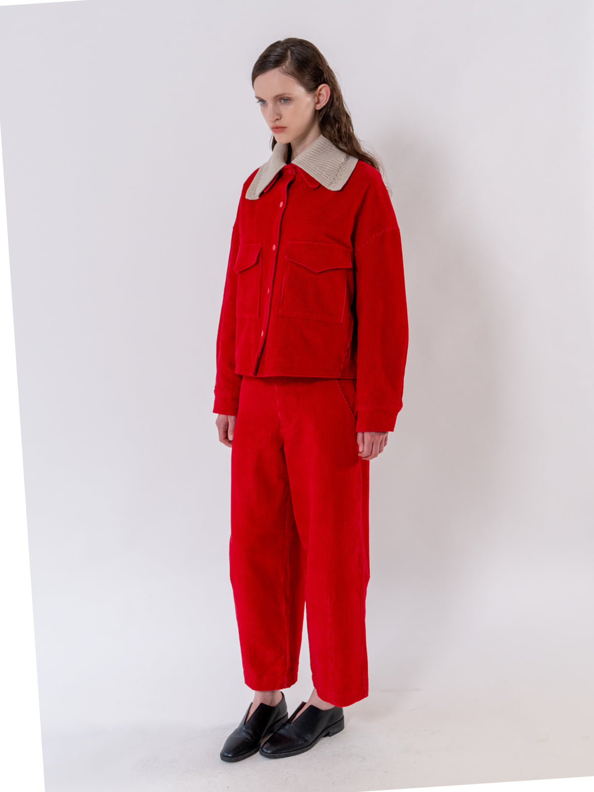 Red Structured Corduroy Trousers