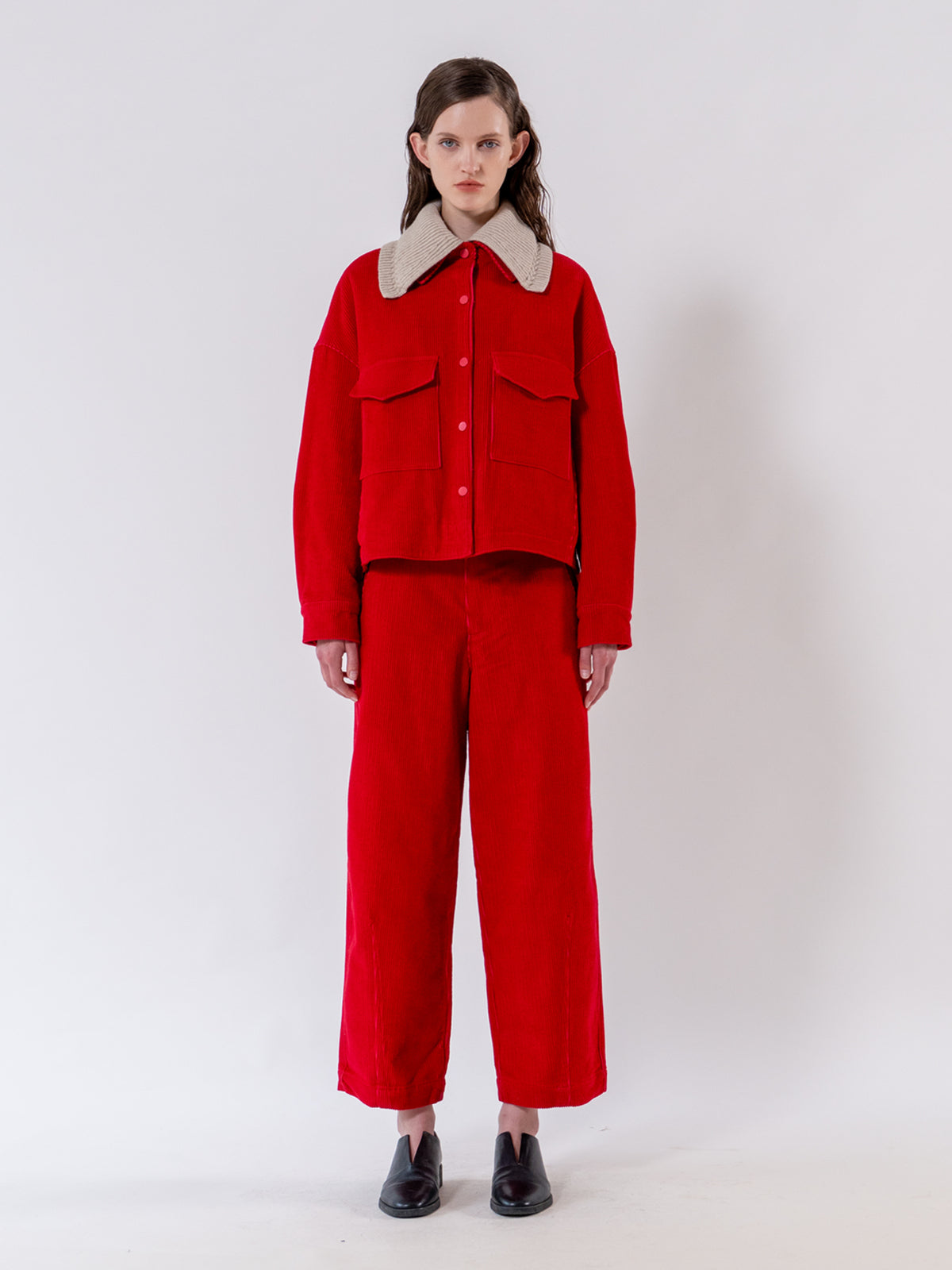 Red Structured Corduroy Trousers