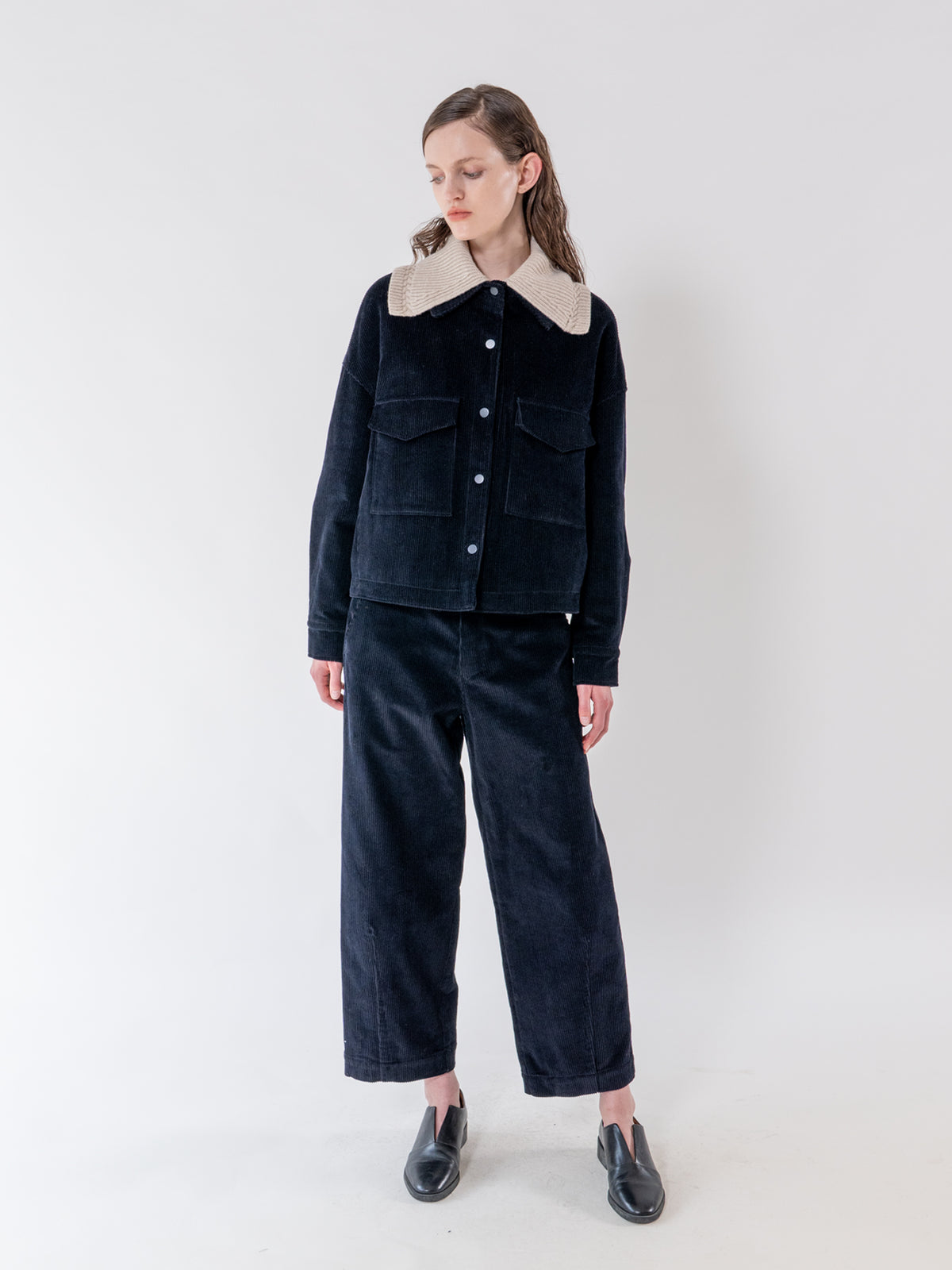 Navy Structured Corduroy Trousers