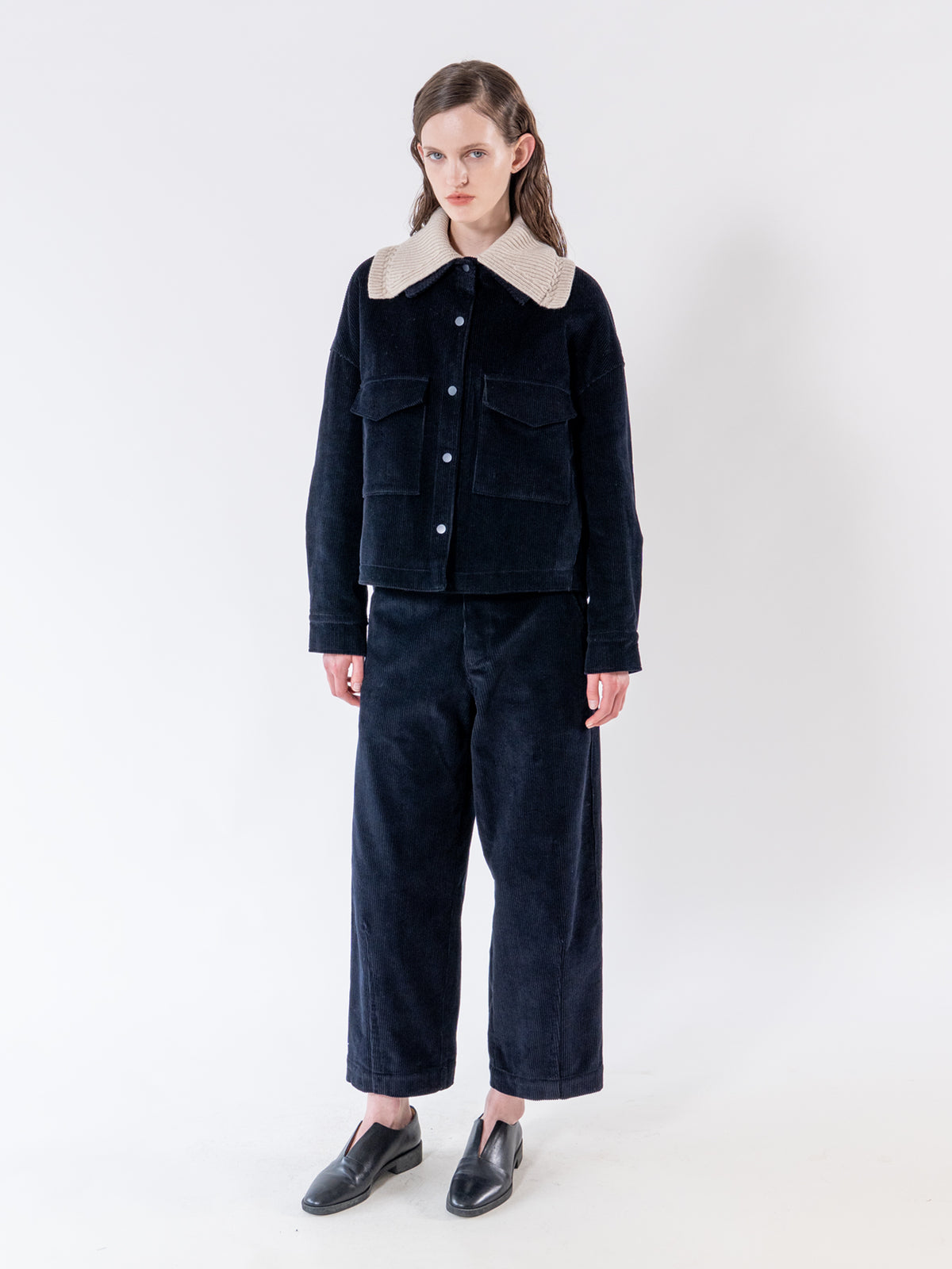 Navy Structured Corduroy Trousers