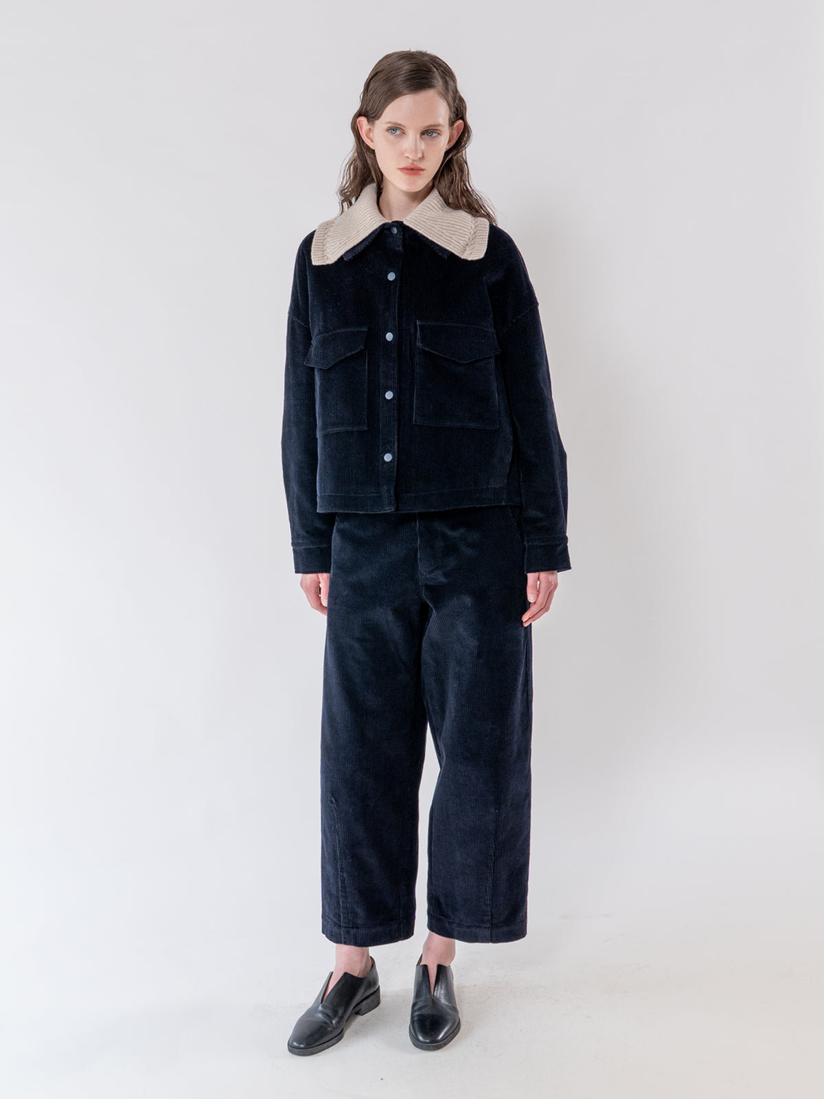 Navy Structured Corduroy Trousers