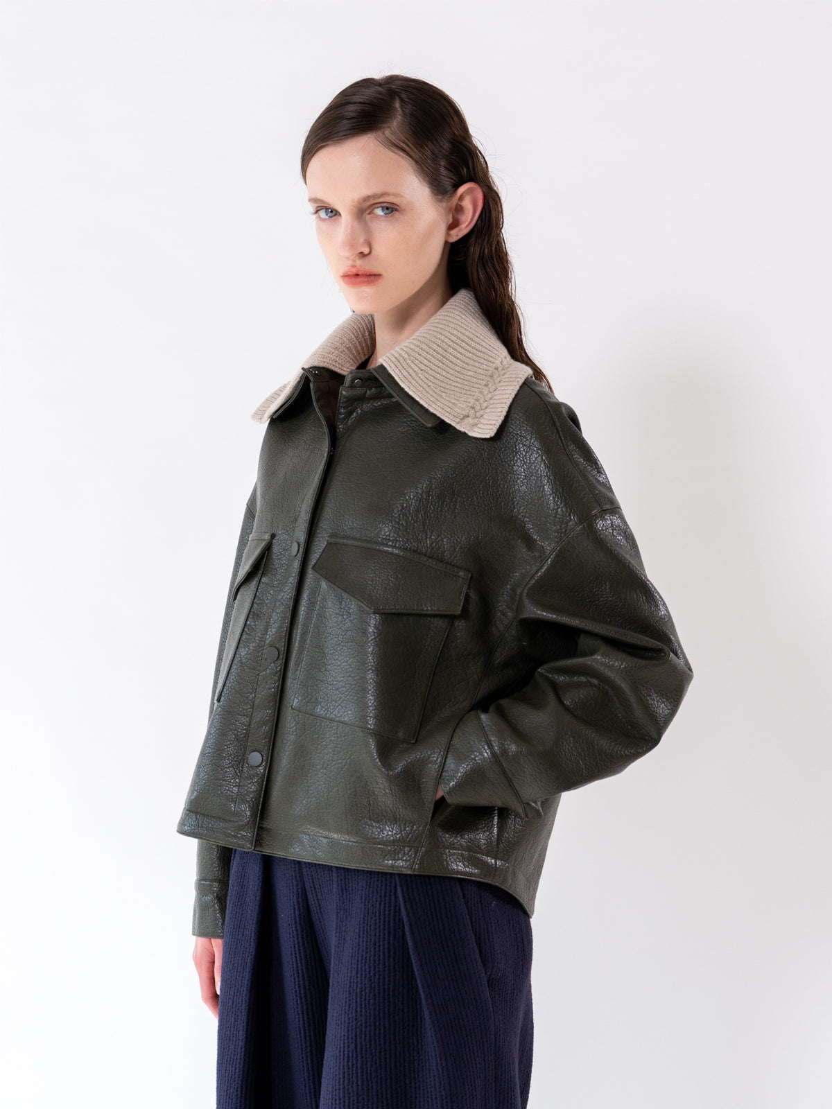 Khaki Detachable Knit-Collar Vegan Leather Jacket