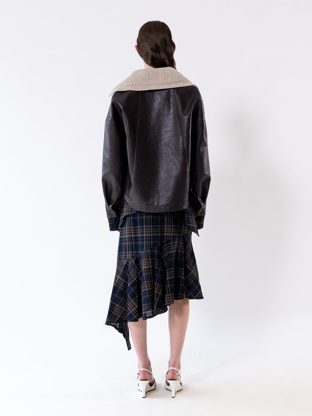Burgundy Detachable Knit-Collar Vegan Leather Jacket
