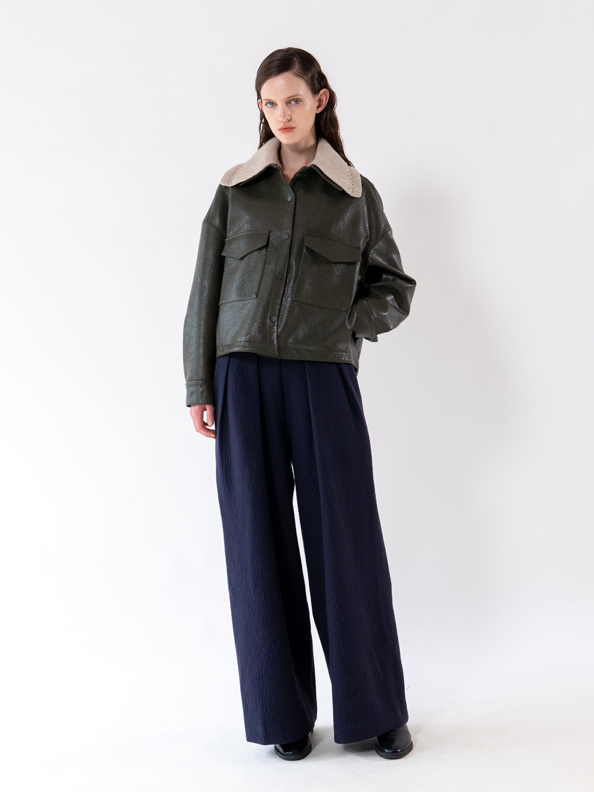 Khaki Detachable Knit-Collar Vegan Leather Jacket