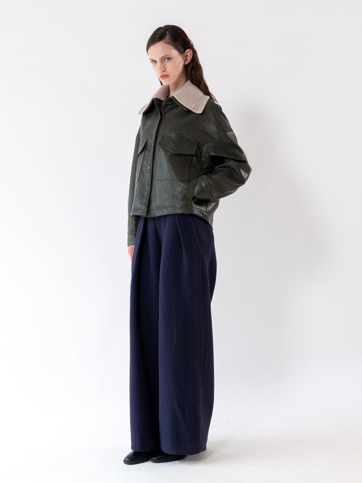 Khaki Detachable Knit-Collar Vegan Leather Jacket