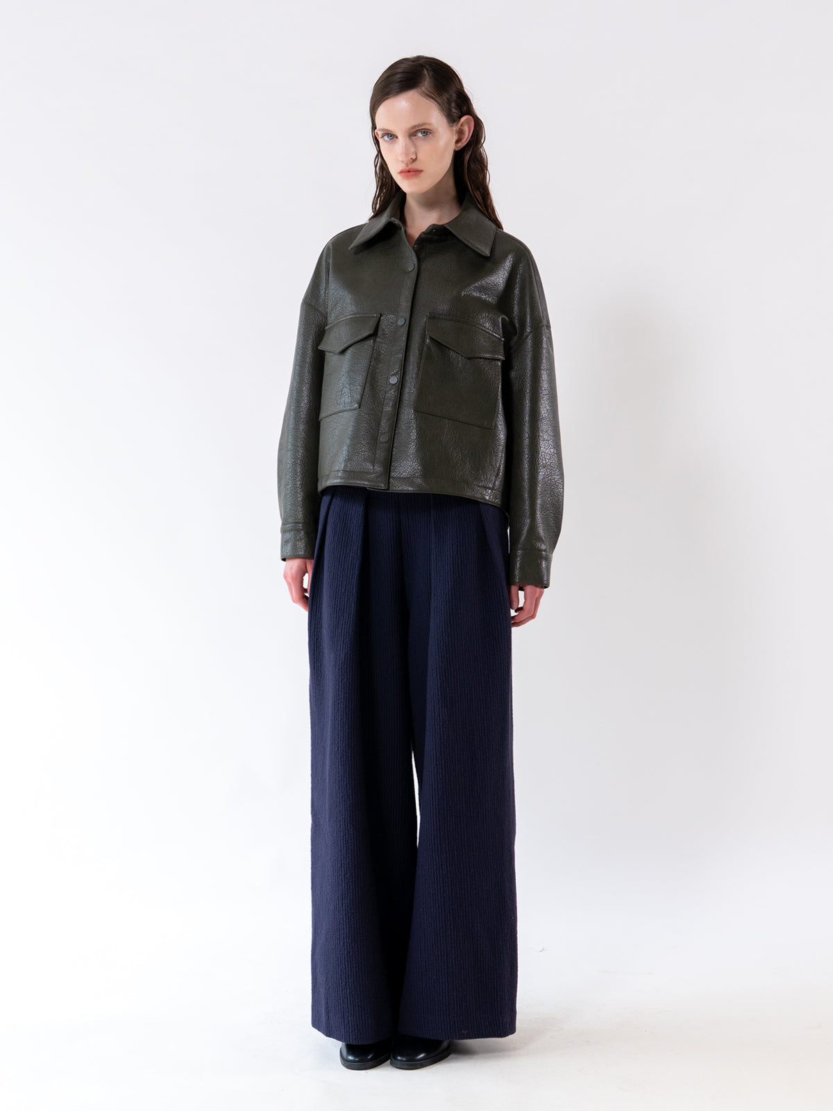 Khaki Detachable Knit-Collar Vegan Leather Jacket