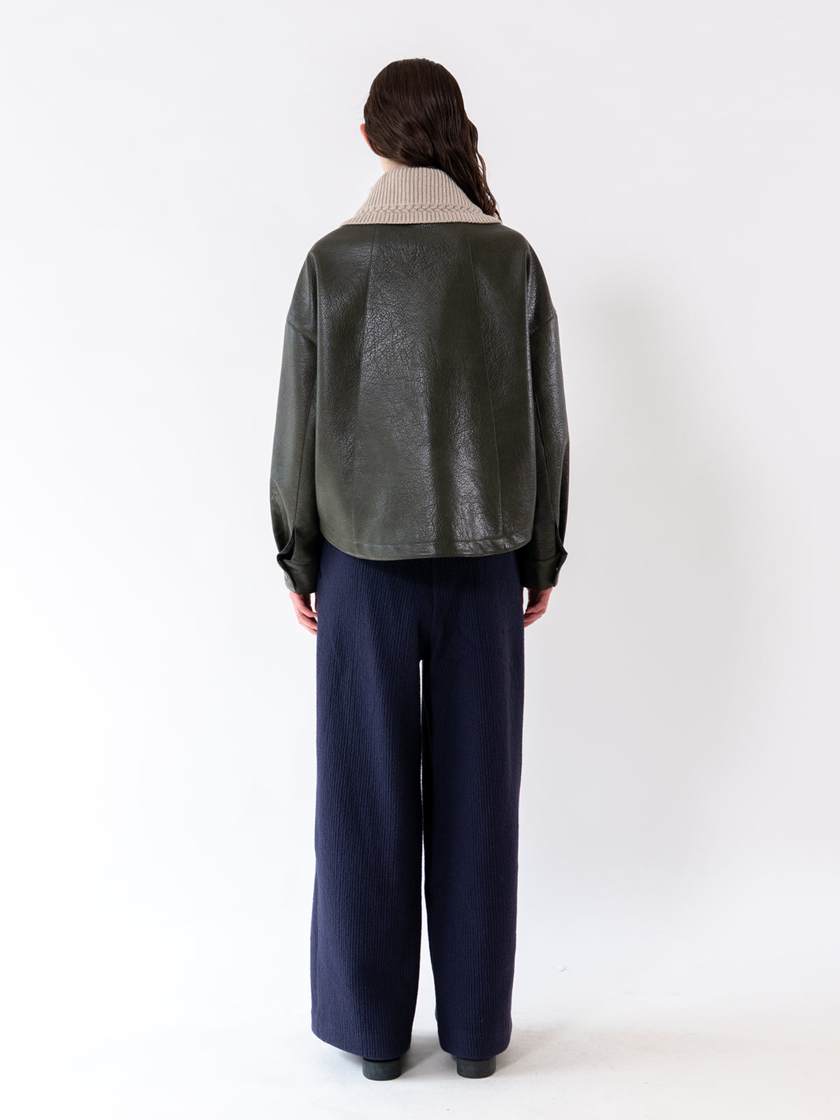 Khaki Detachable Knit-Collar Vegan Leather Jacket