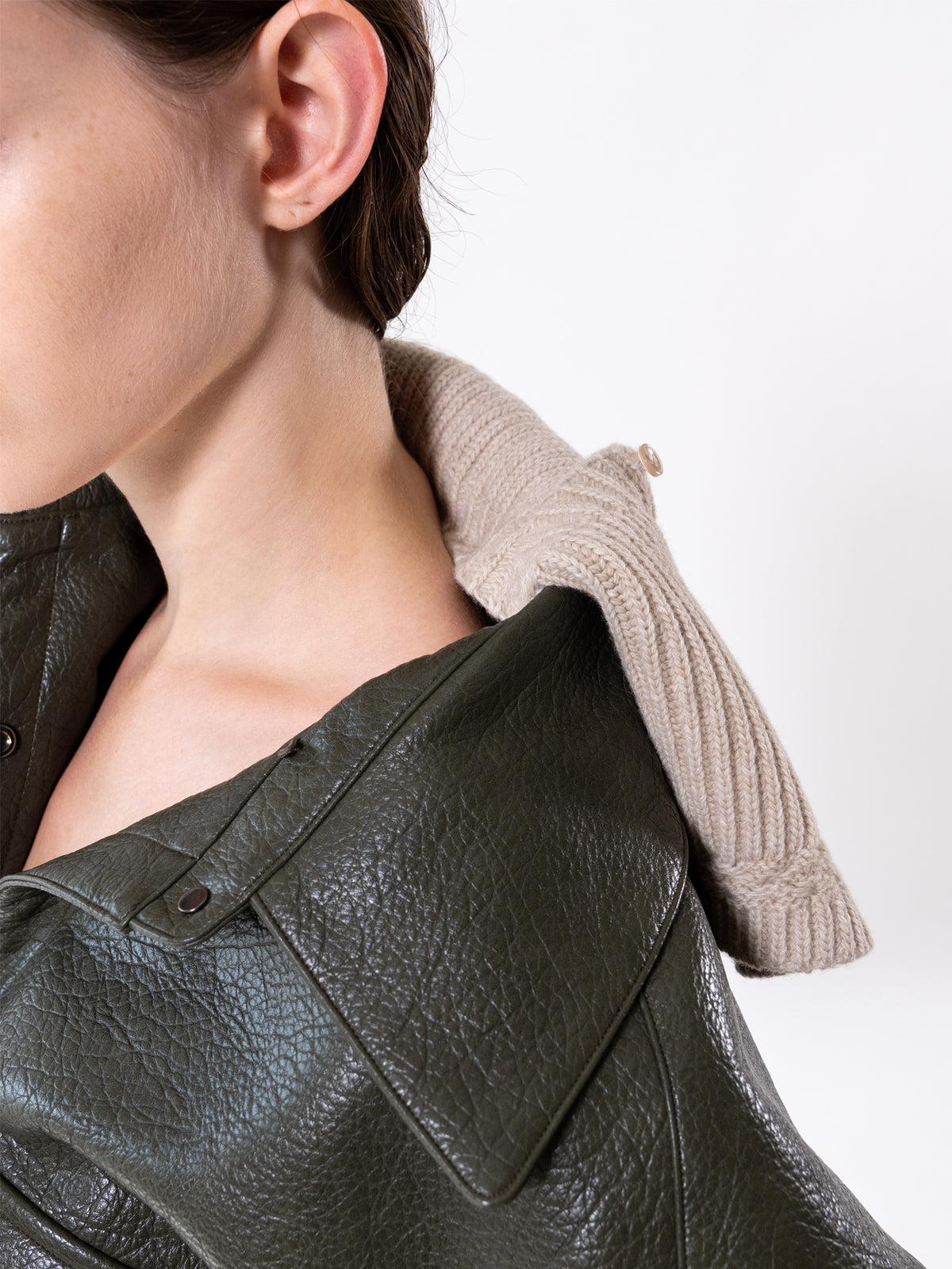 Khaki Detachable Knit-Collar Vegan Leather Jacket