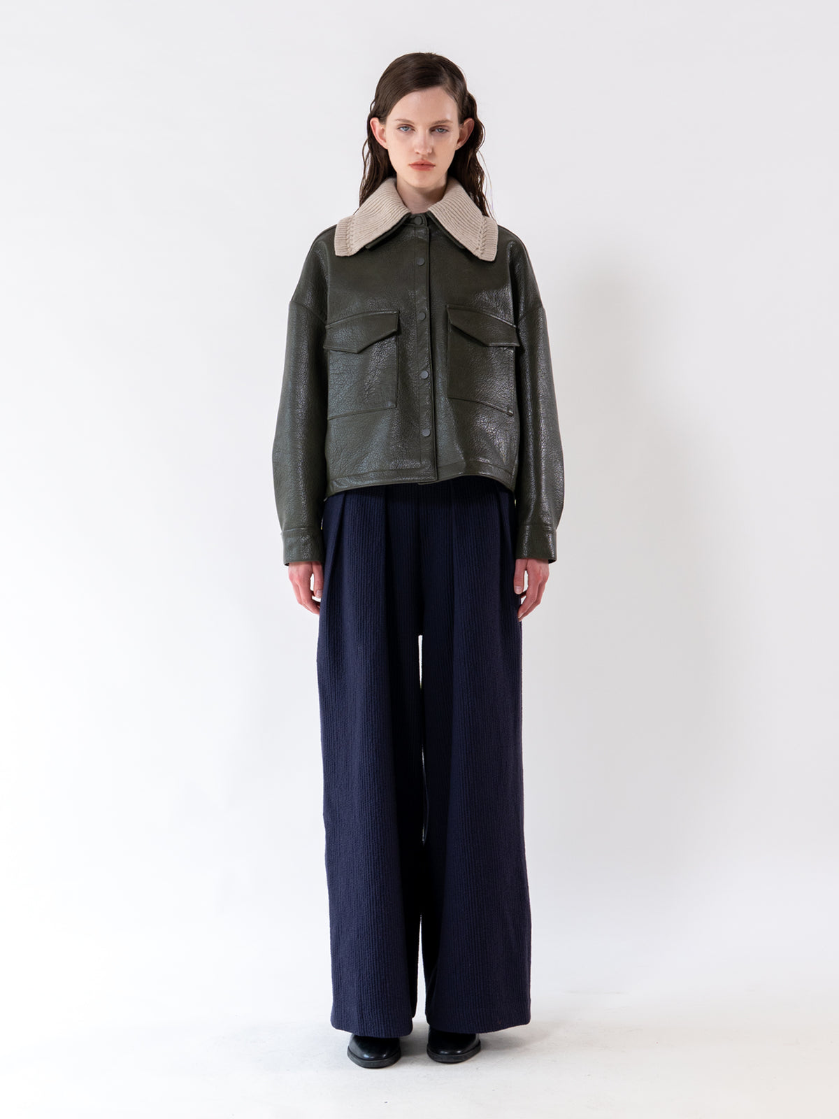 Khaki Detachable Knit-Collar Vegan Leather Jacket
