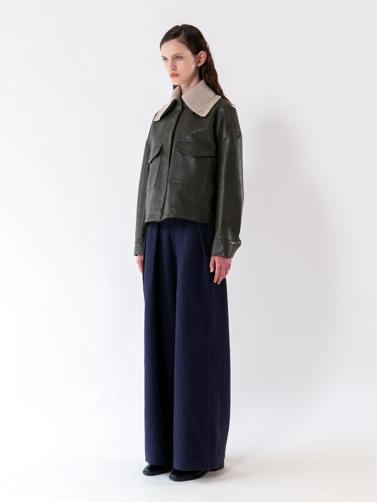 Khaki Detachable Knit-Collar Vegan Leather Jacket