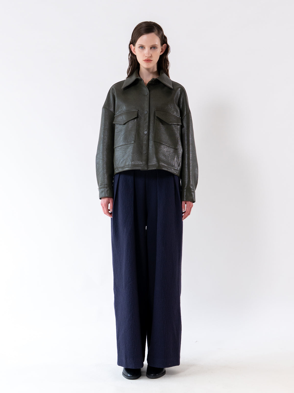 Khaki Detachable Knit-Collar Vegan Leather Jacket
