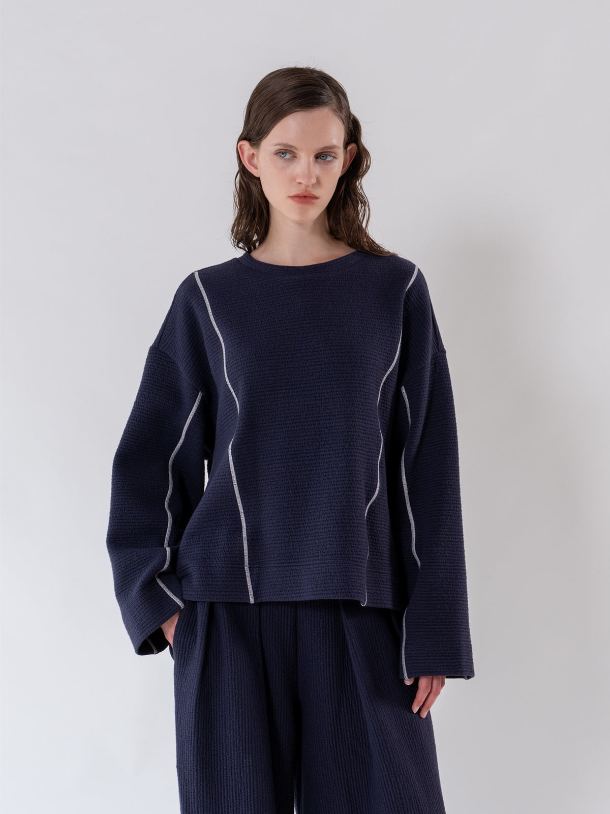 Navy Cover Stitch Textured Sweatshirt