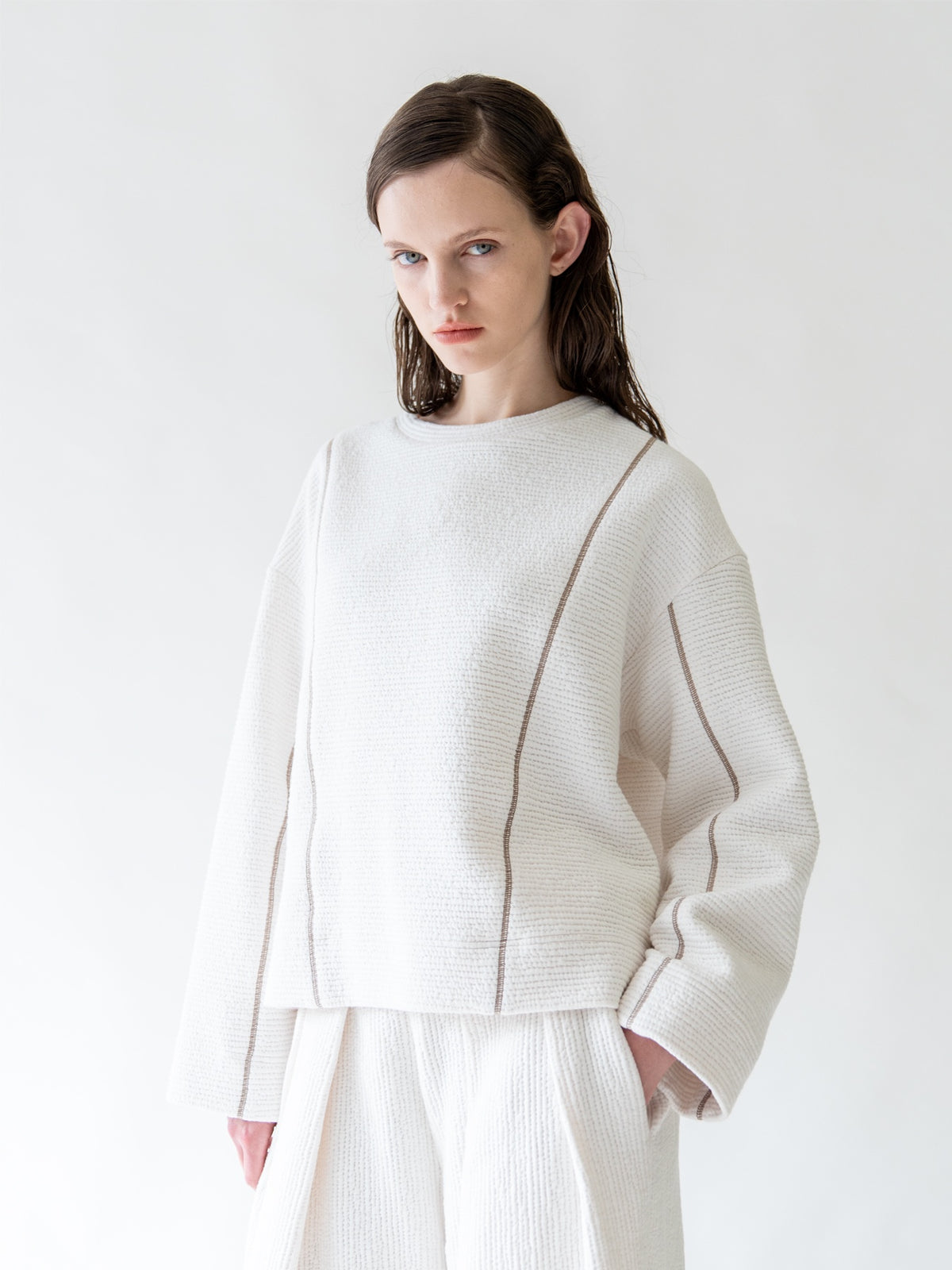 Cream Cover Stitch Textured Sweatshirt