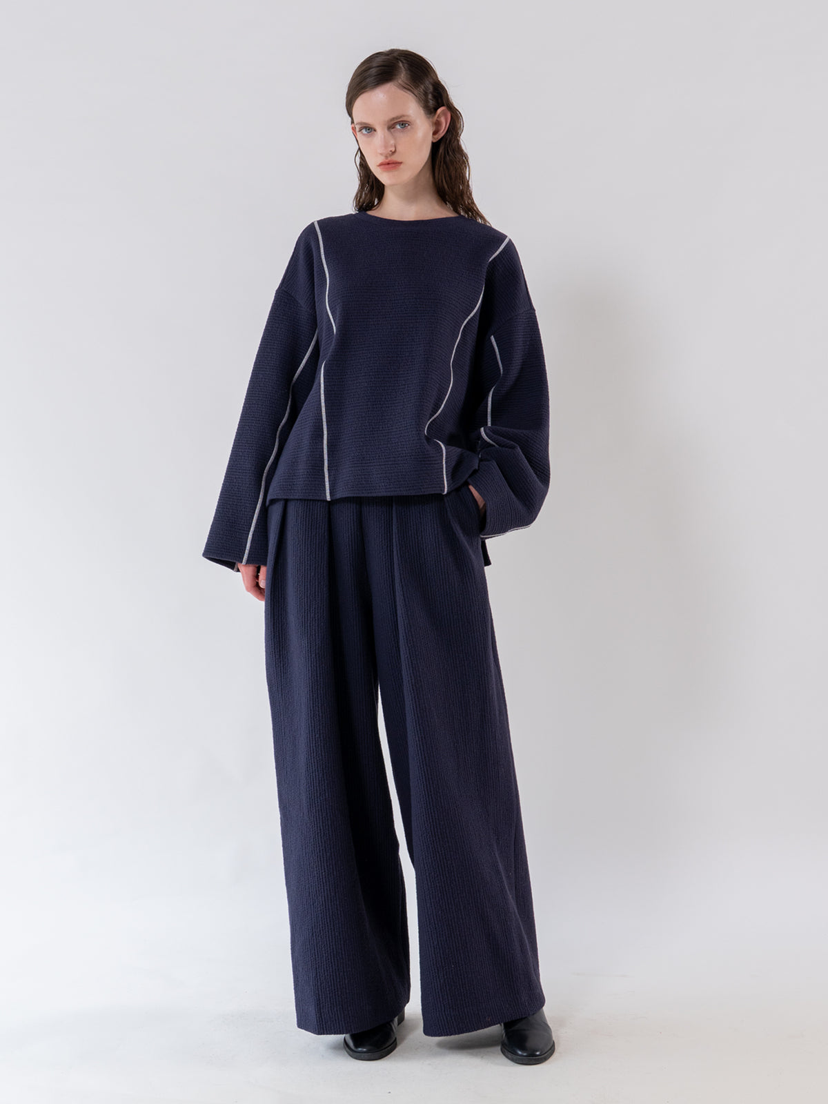 Navy Cover Stitch Textured Sweatshirt