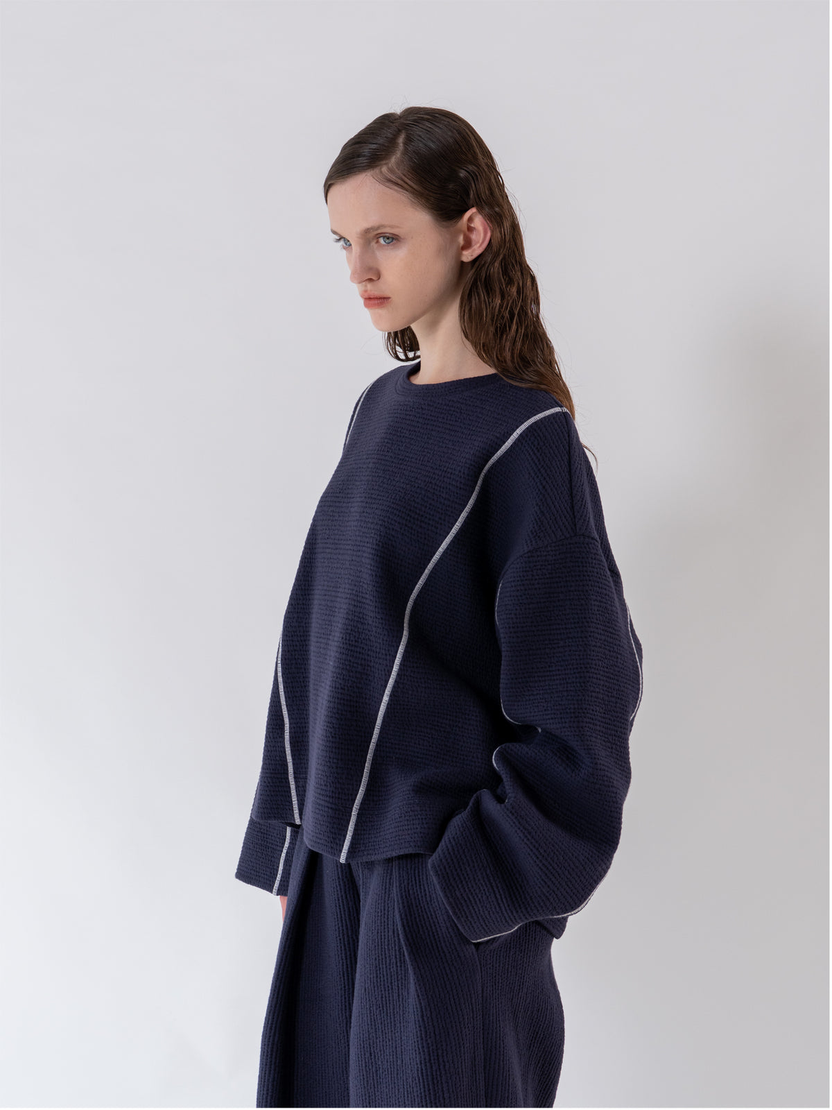 Navy Cover Stitch Textured Sweatshirt