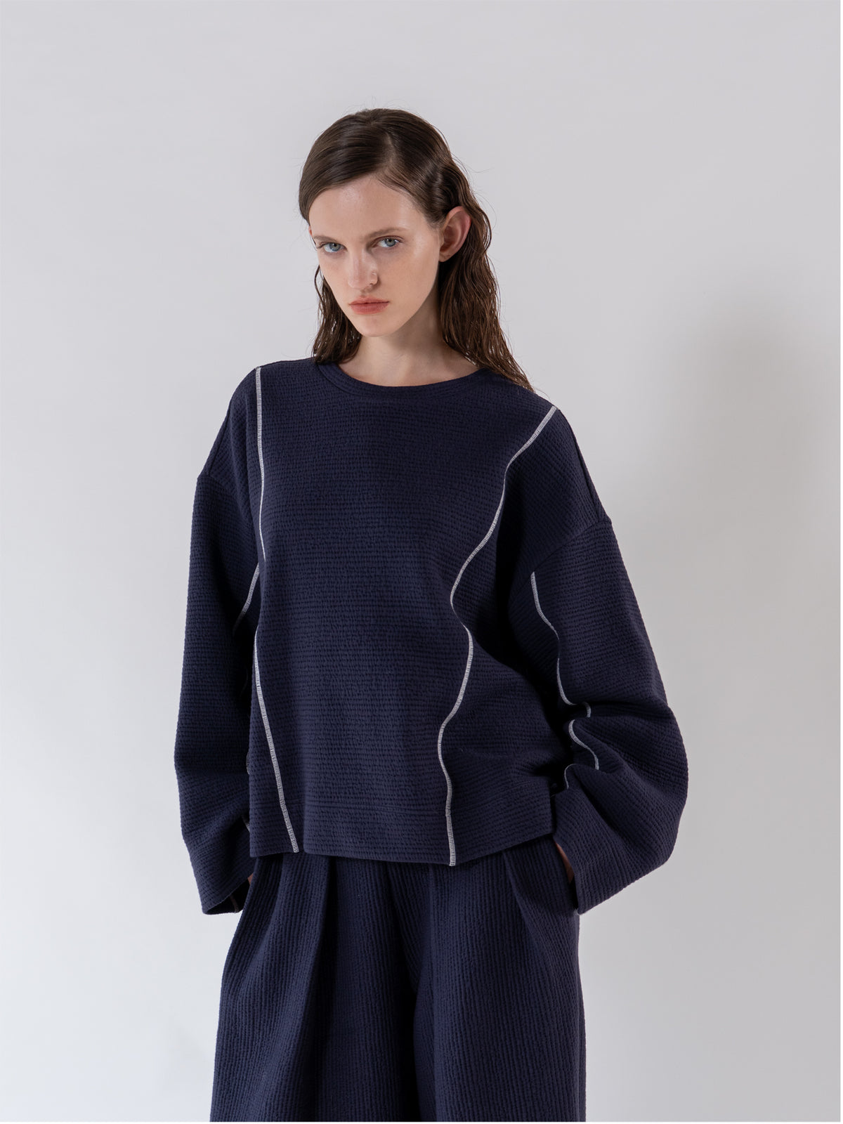 Navy Cover Stitch Textured Sweatshirt