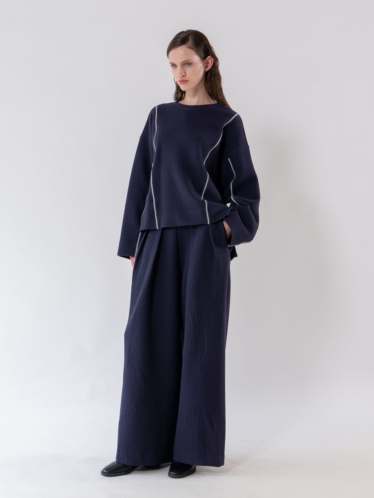 Navy Cover Stitch Textured Sweatshirt
