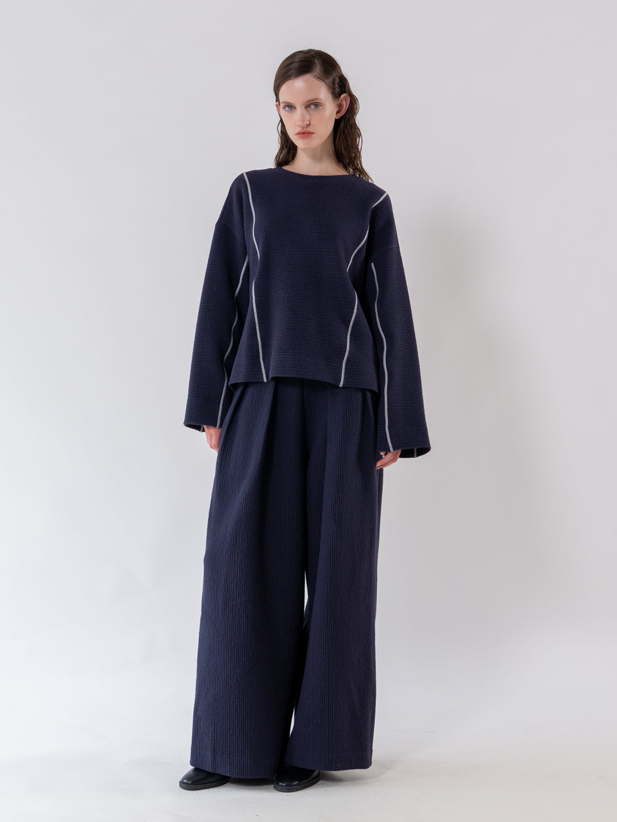 Navy Textured Double Pleat Trousers