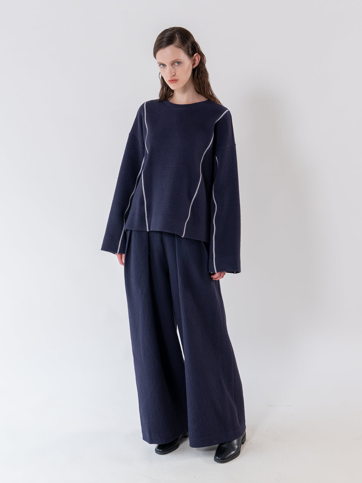 Navy Textured Double Pleat Trousers