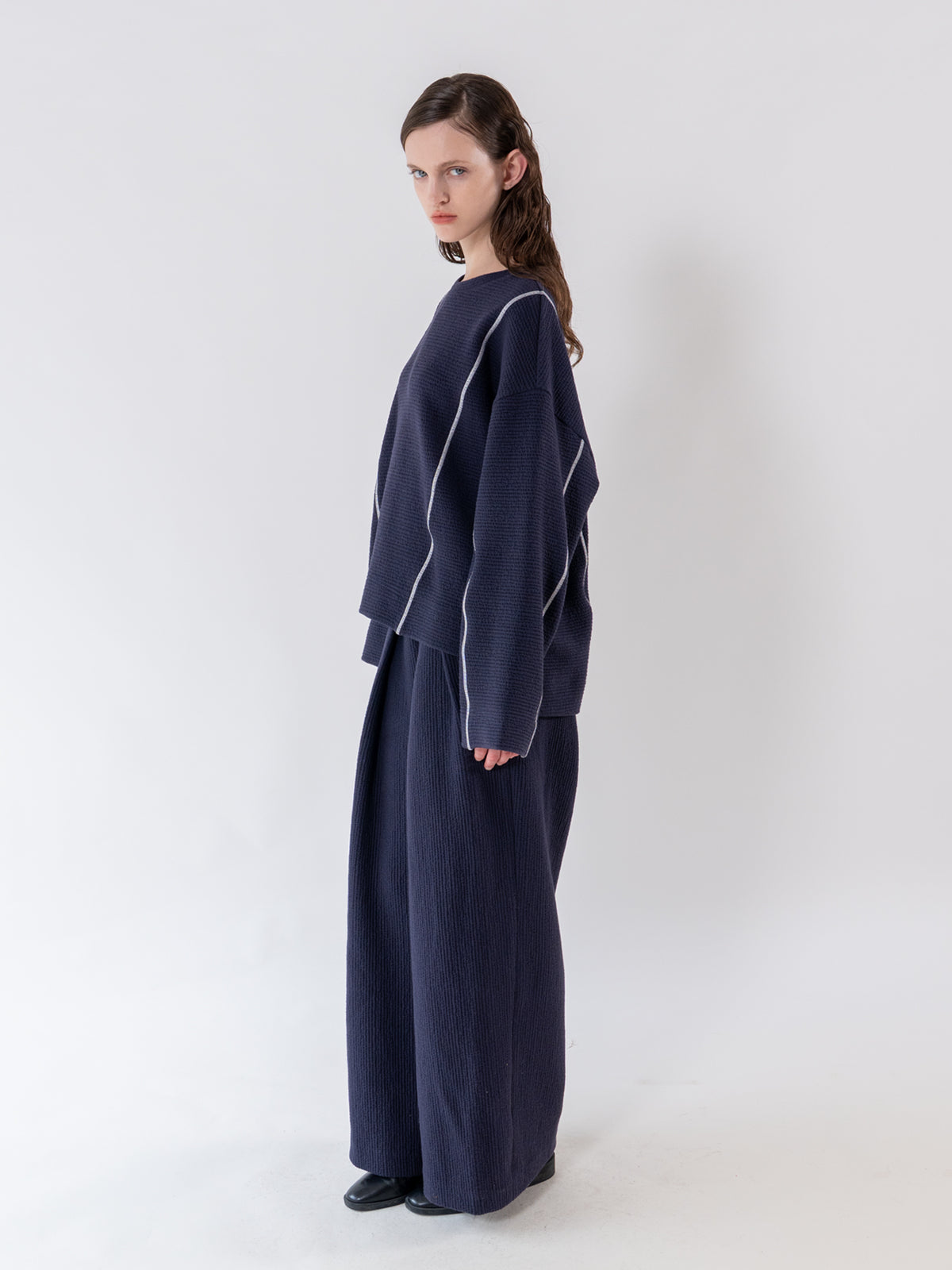 Navy Textured Double Pleat Trousers