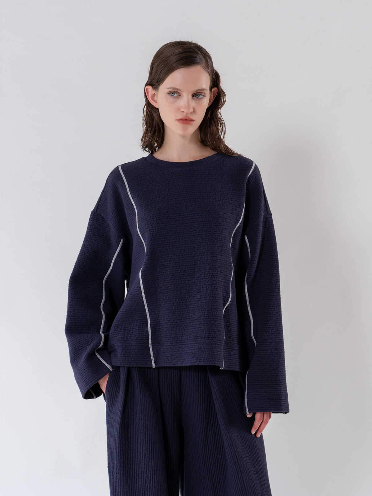 Navy Cover Stitch Textured Sweatshirt