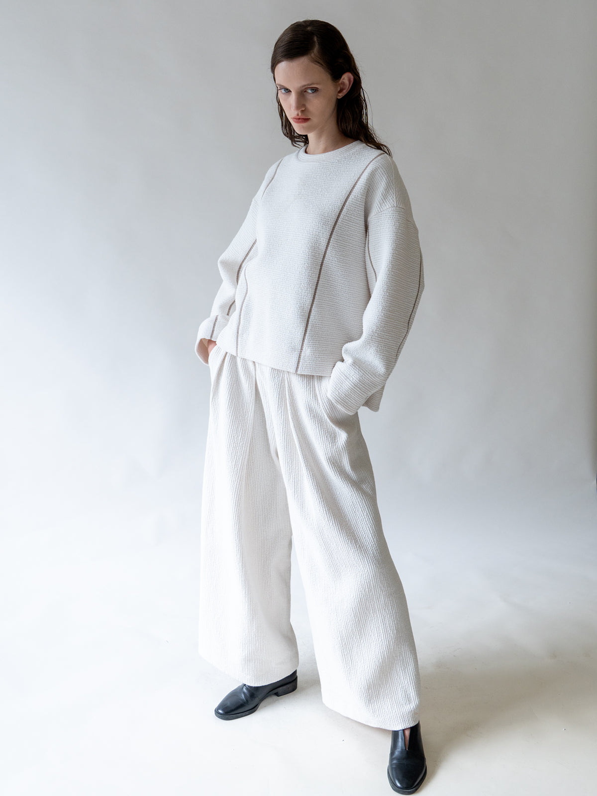 Cream Cover Stitch Textured Sweatshirt
