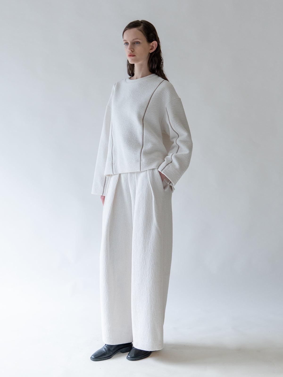 Cream Cover Stitch Textured Sweatshirt