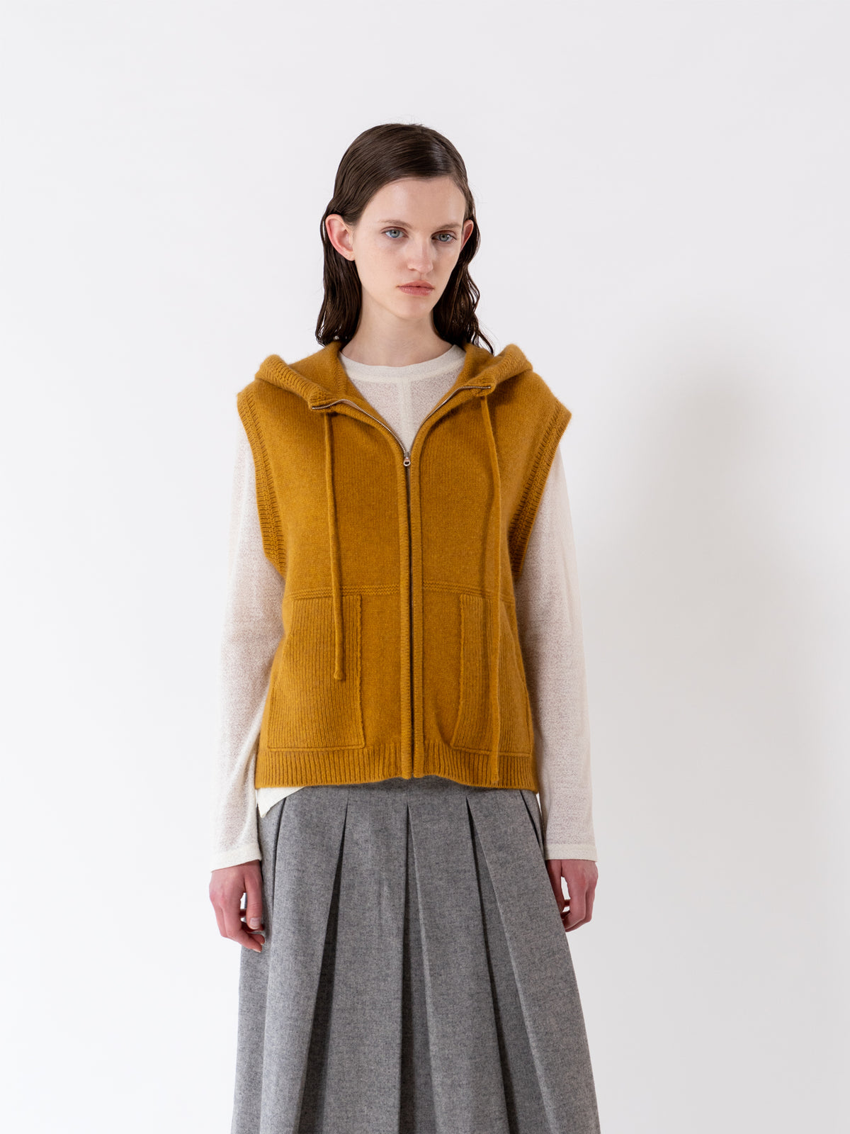 Mustard Hooded Zip-Up Vest