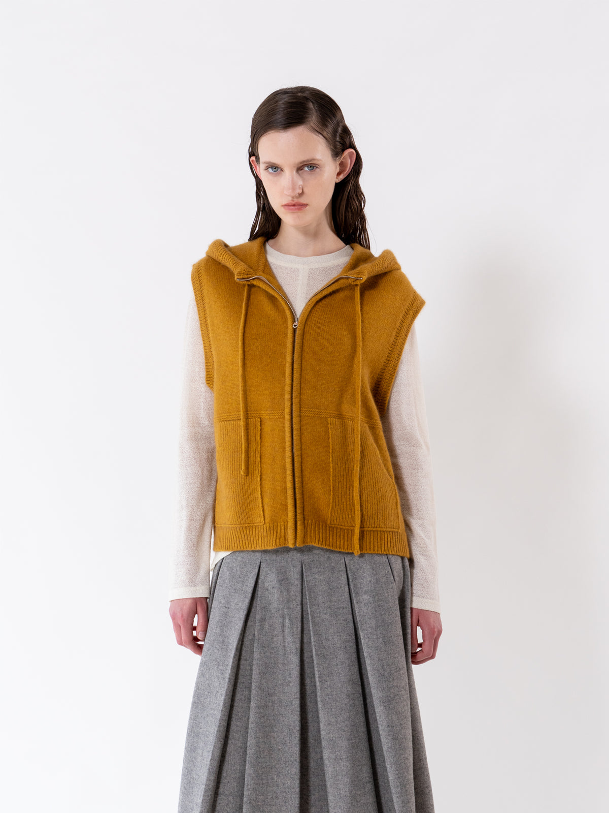 Mustard Hooded Zip-Up Vest