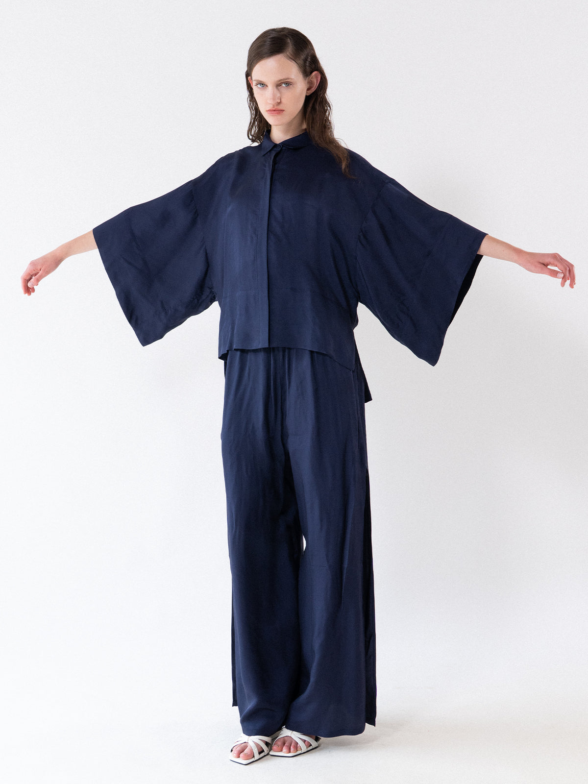 Navy Fluid Wide-Leg Slit Trousers