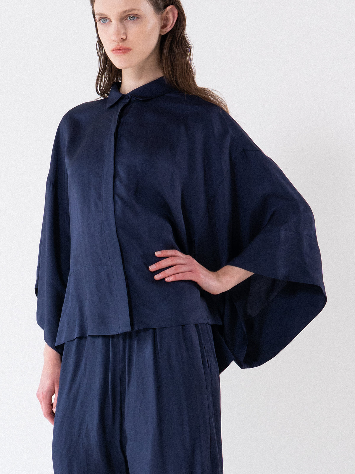Navy Fluid Wide-Leg Slit Trousers
