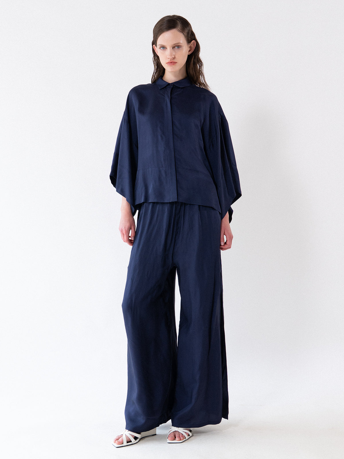 Navy Fluid Wide-Leg Slit Trousers