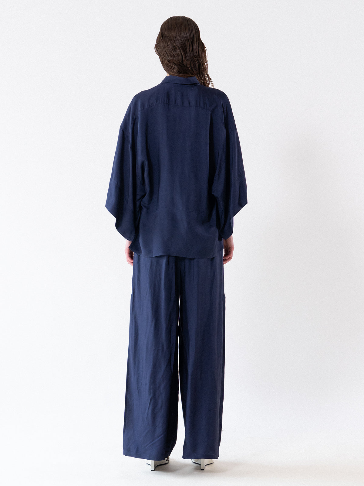 Navy Fluid Wide-Leg Slit Trousers