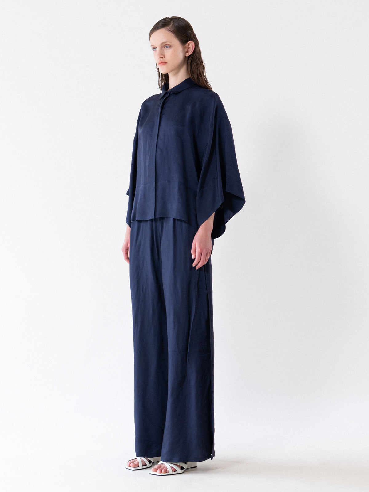 Navy Fluid Wide-Leg Slit Trousers