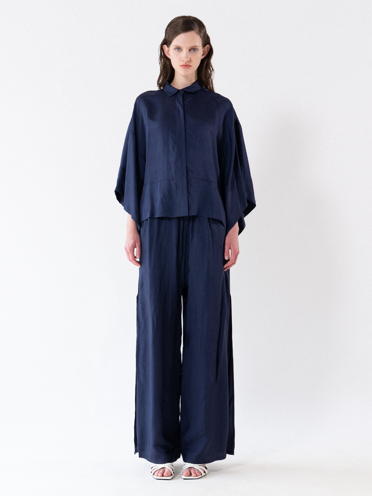 Navy Fluid Wide-Leg Slit Trousers