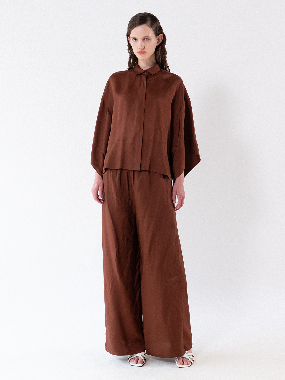 Brown Fluid Wide-Leg Slit Trousers