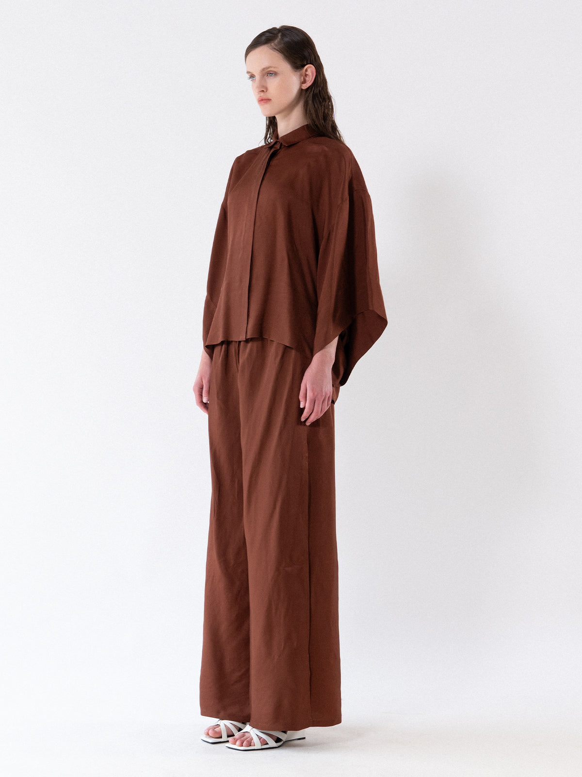 Brown Fluid Wide-Leg Slit Trousers