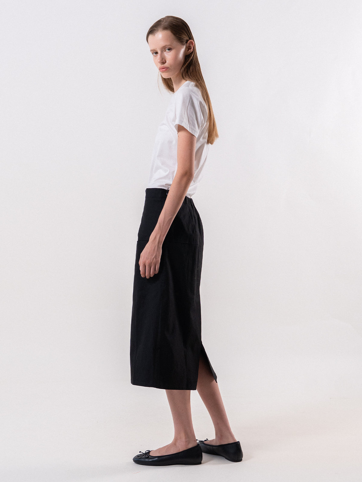Black Pocket Detail Midi Skirt