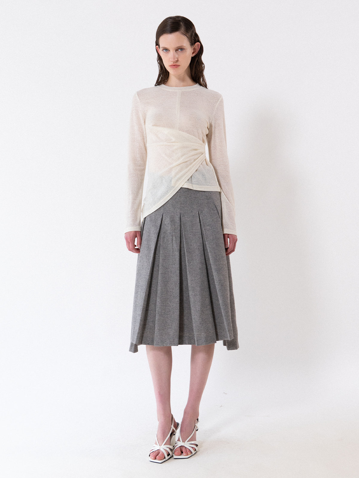 Cream Asymmetric Draped Long Sleeve Tee
