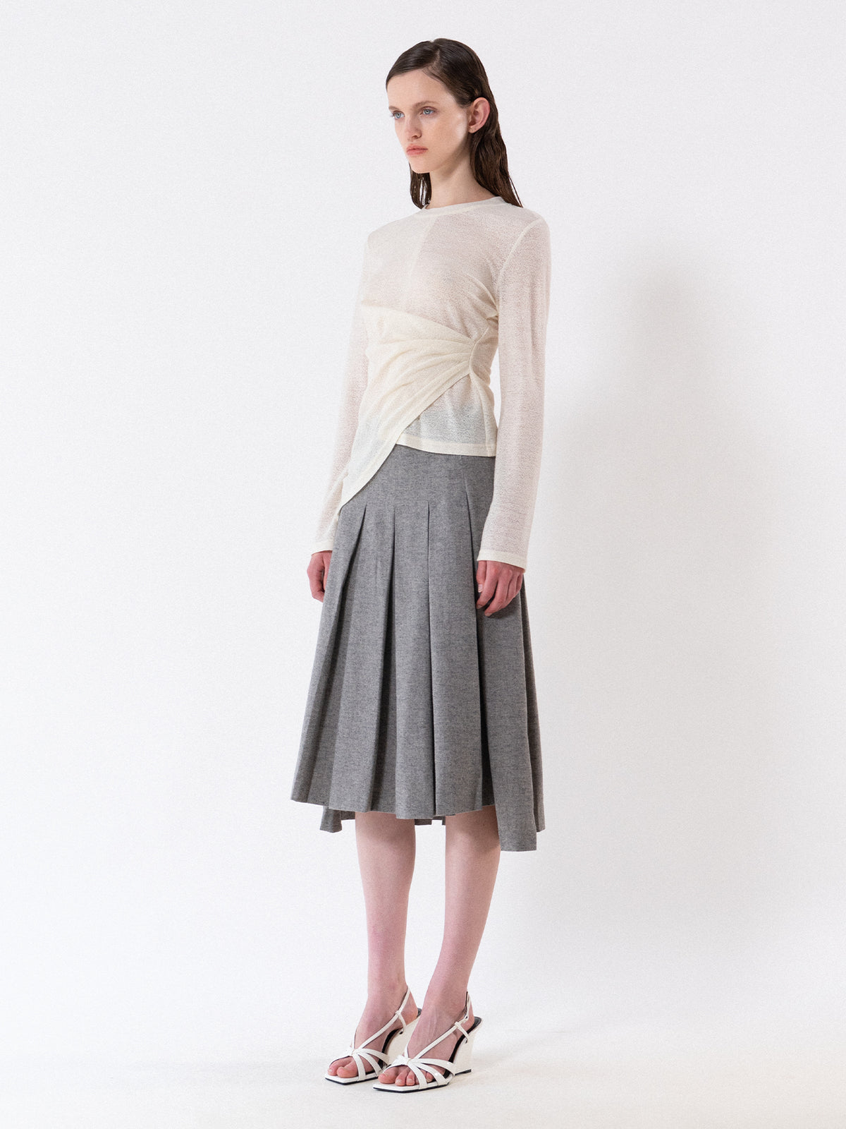 Cream Asymmetric Draped Long Sleeve Tee