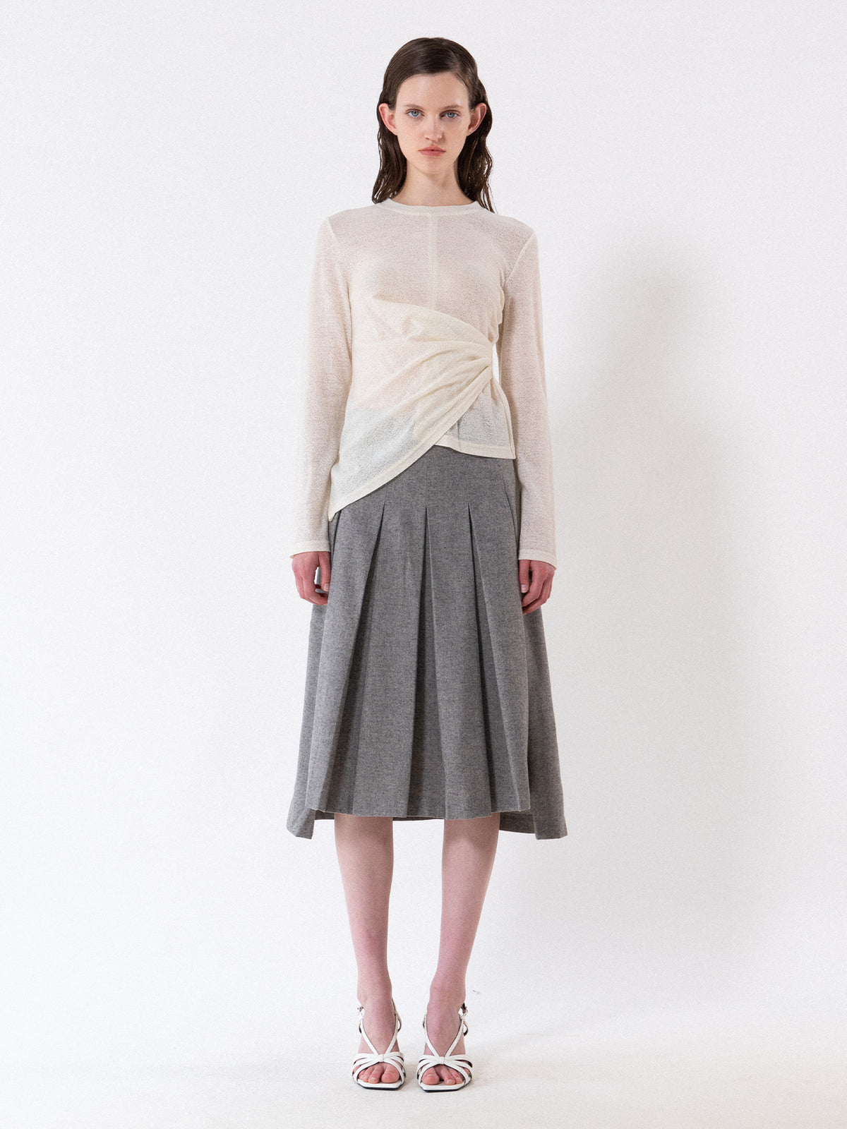 Cream Asymmetric Draped Long Sleeve Tee